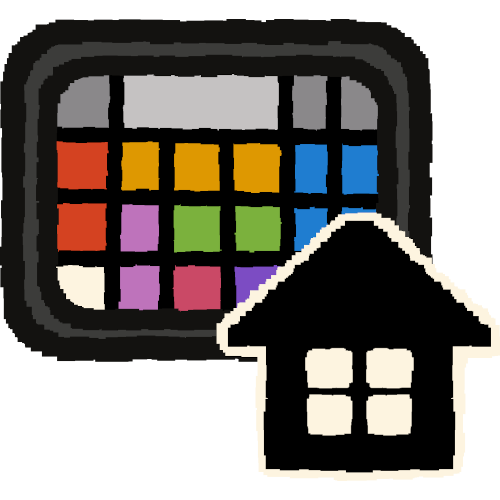 A tablet displaying an AAC grid with a black icon of a house in front of it which has a white outline
